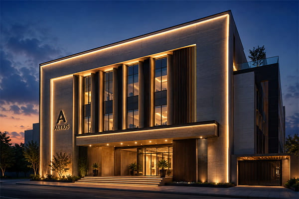 An architectural building facade illuminated with LED linear lights at dusk